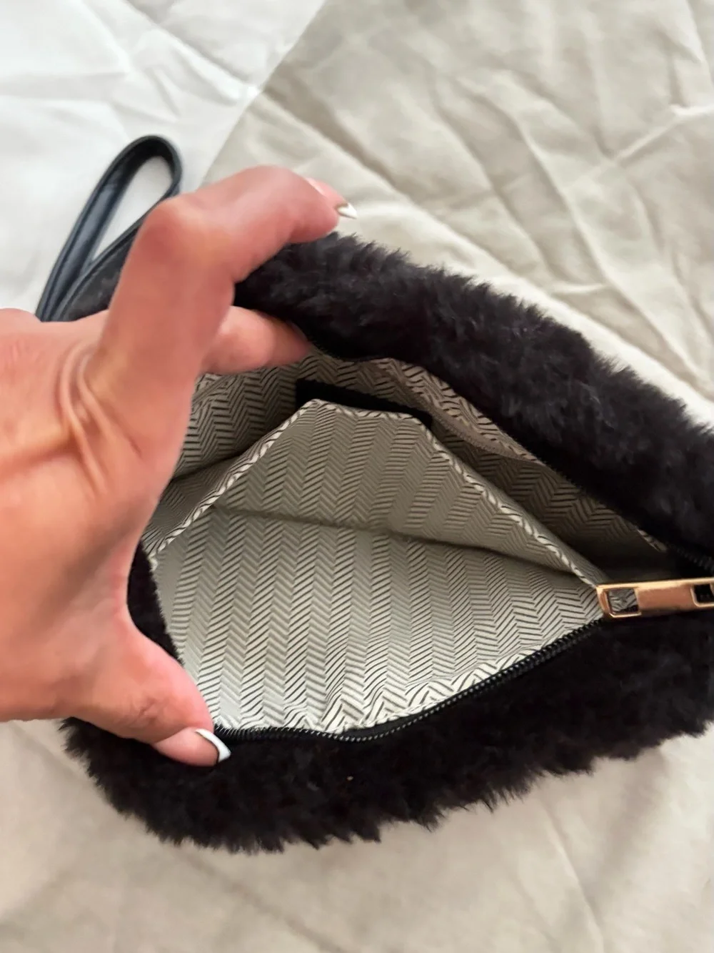XOXO Black Fur Wristlet Clutch with Embroidered Logo